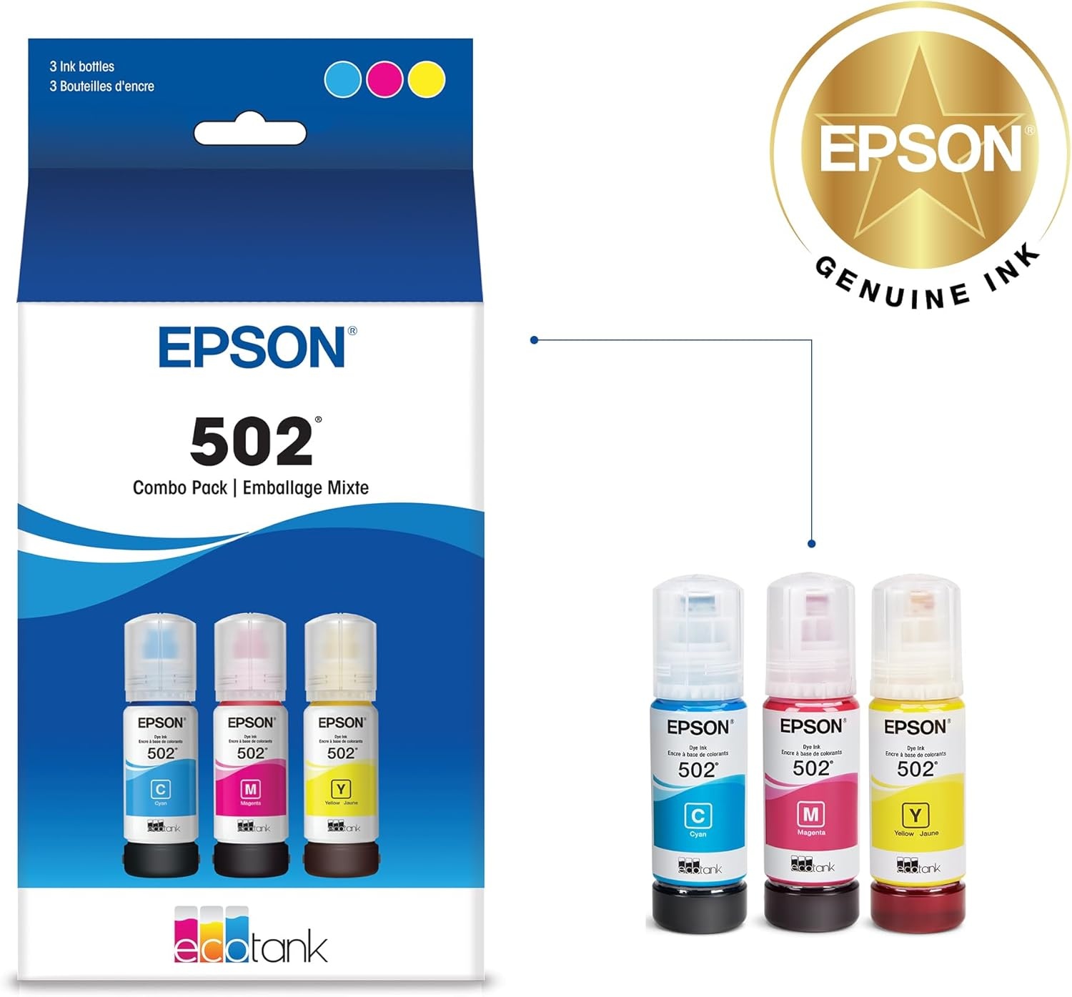image:imageEPSON 502 EcoTank Ink Ultrahigh Capacity Bottle Color Combo Pack Works with ET2750 2760 2850 3750 3760 3850 4850 and other select modelsColor combo pack