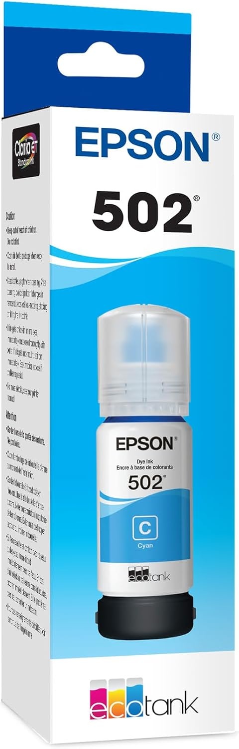 image:imageEPSON 502 EcoTank Ink Ultrahigh Capacity Bottle Cyan Works with ET2750 2760 2850 3750 3760 3850 4850 and other select modelsCyan