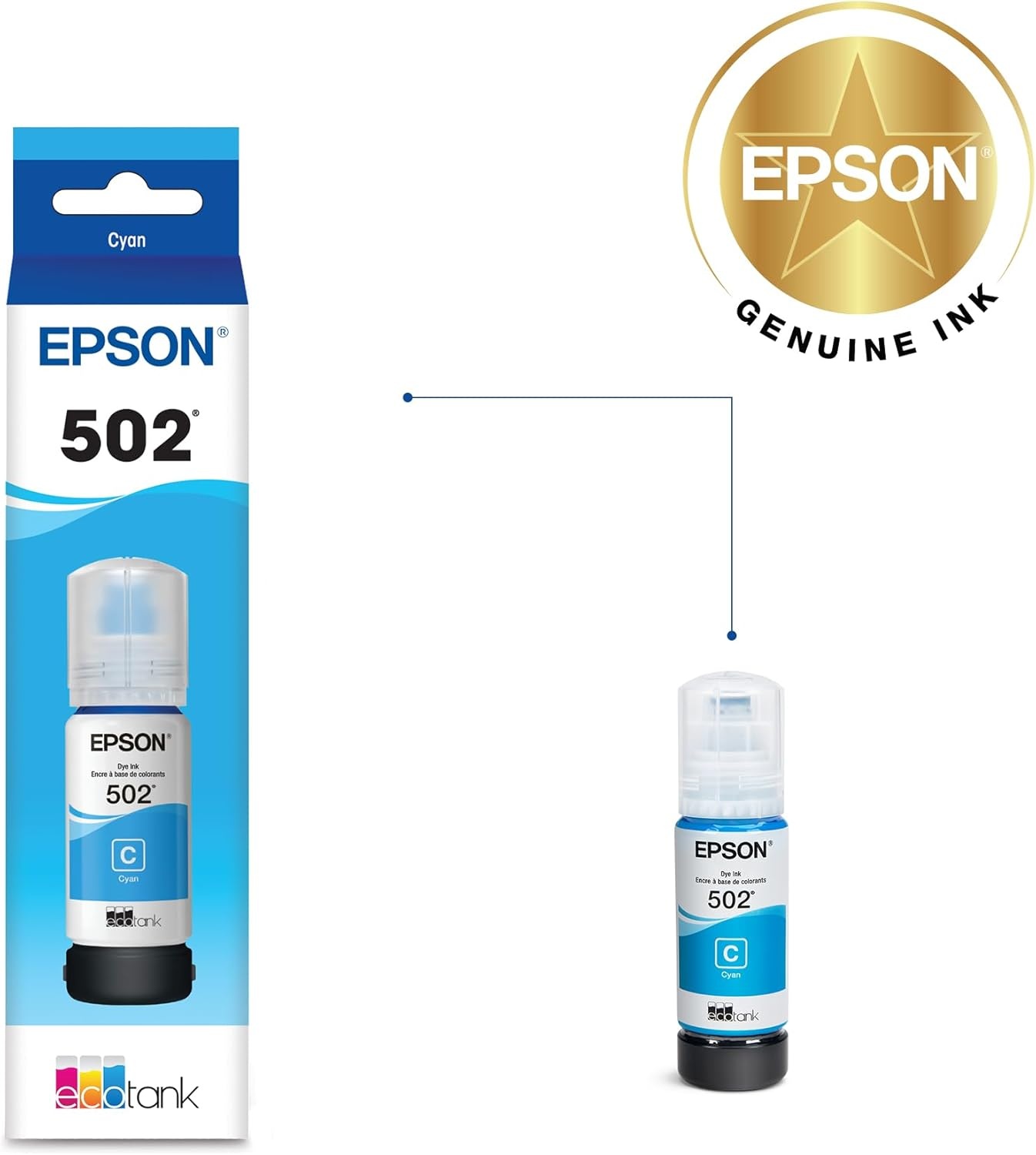 image:imageEPSON 502 EcoTank Ink Ultrahigh Capacity Bottle Cyan Works with ET2750 2760 2850 3750 3760 3850 4850 and other select modelsCyan