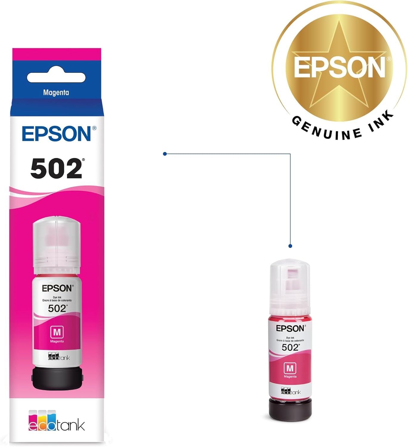 image:imageEPSON 502 EcoTank Ink Ultrahigh Capacity Bottle Cyan Works with ET2750 2760 2850 3750 3760 3850 4850 and other select modelsMagenta