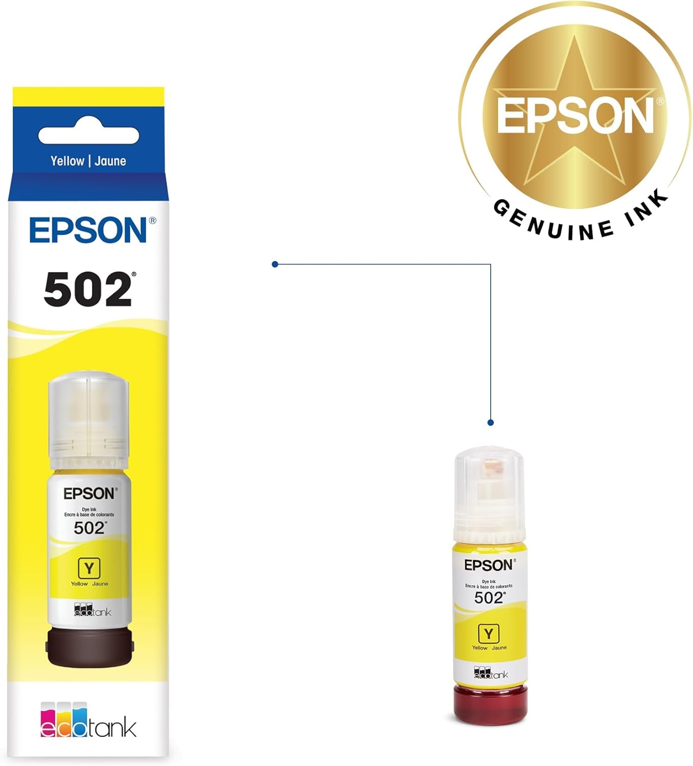 image:imageEPSON 502 EcoTank Ink Ultrahigh Capacity Bottle Cyan Works with ET2750 2760 2850 3750 3760 3850 4850 and other select modelsYellow