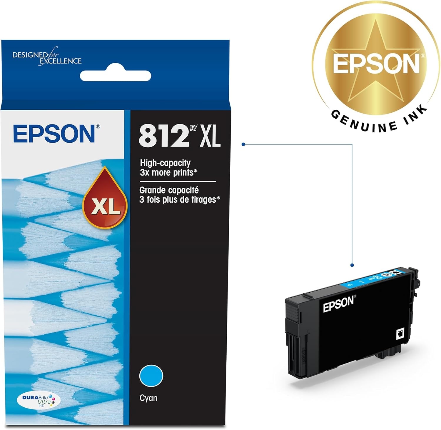 image:imageEPSON 812 DURABrite Ultra Ink High Capacity Cyan Cartridge T812XL220S Works with WorkForce Pro WF7310 7820 7840 ECC7000Ink Pack of 32