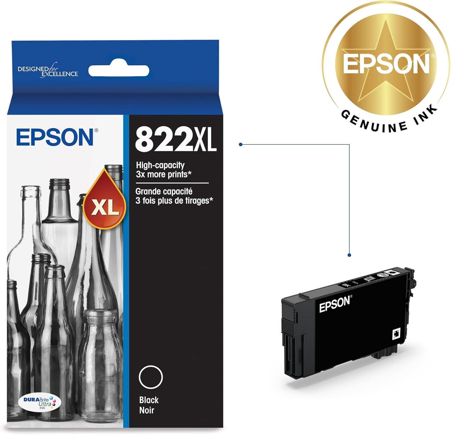 image:imageEPSON 822 DURABrite Ultra Ink High Capacity Black Cartridge T822XL120S Works with WorkForce Pro WF38203823 4820 4830 4833 4834Ink