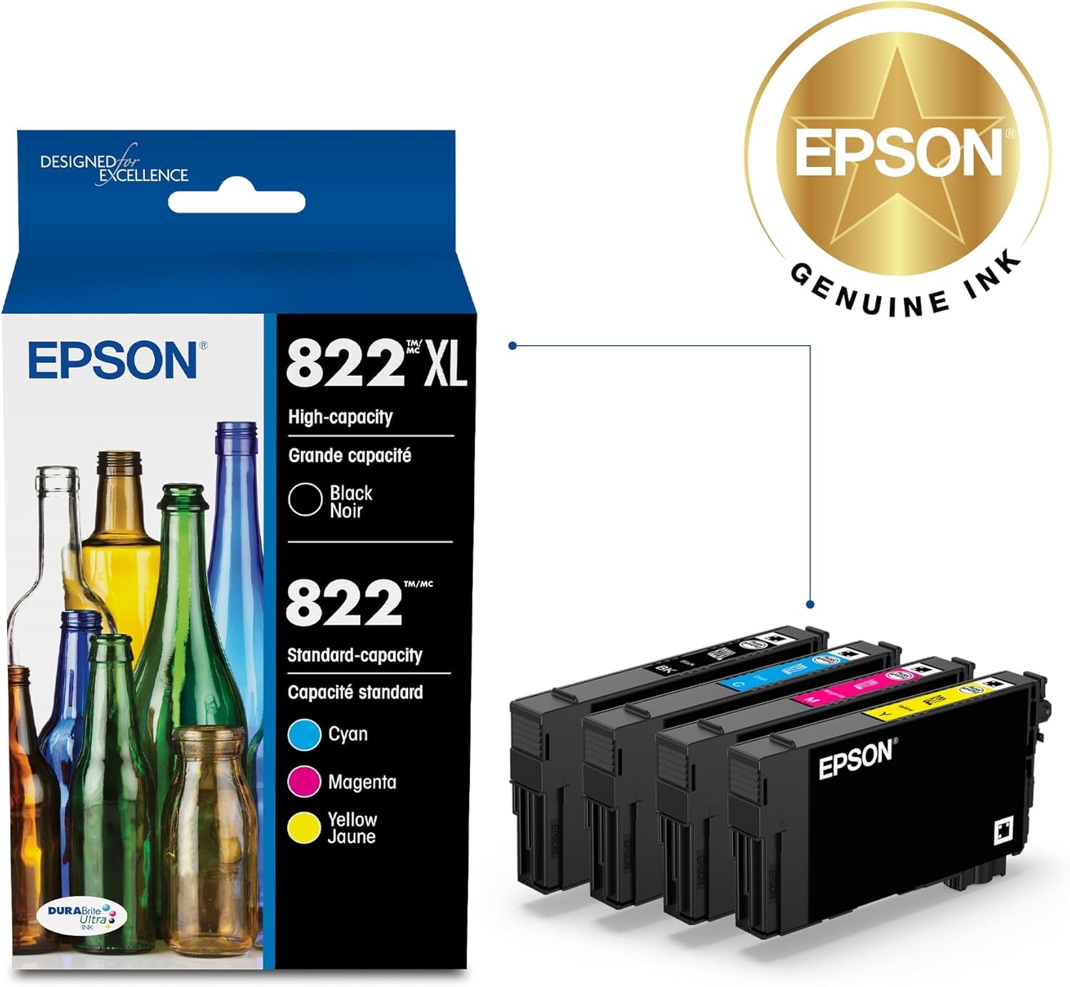 image:imageEPSON 822 DURABrite Ultra Ink High Capacity Black amp Standard Color Cartridge Combo Pack T822XLBCS Works with WorkForce Pro WF38203823 4820 4830 4833 4834Ink