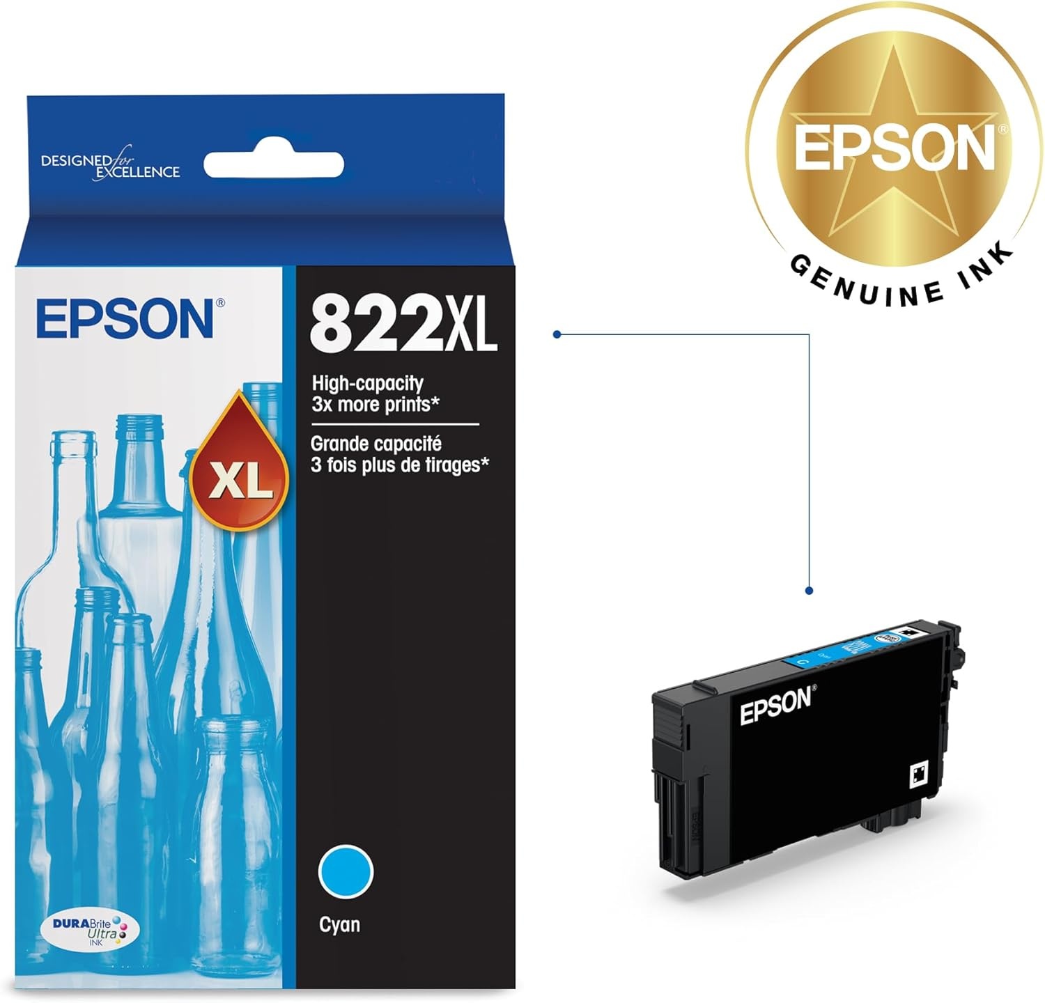 image:imageEPSON 822 DURABrite Ultra Ink High Capacity Cyan Cartridge T822XL220S Works with WorkForce Pro WF38203823 4820 4830 4833 4834High Capacity