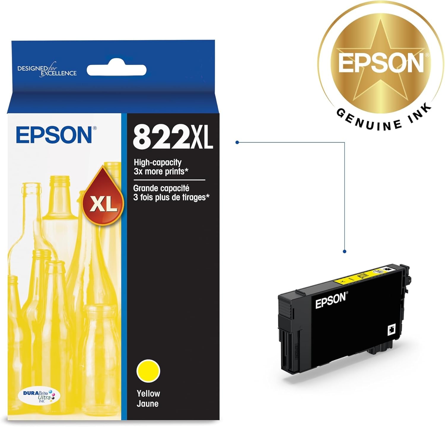image:imageEPSON 822 DURABrite Ultra Ink High Capacity Yellow Cartridge T822XL420S Works with WorkForce Pro WF38203823 4820 4830 4833 4834High Capacity Pack of 2