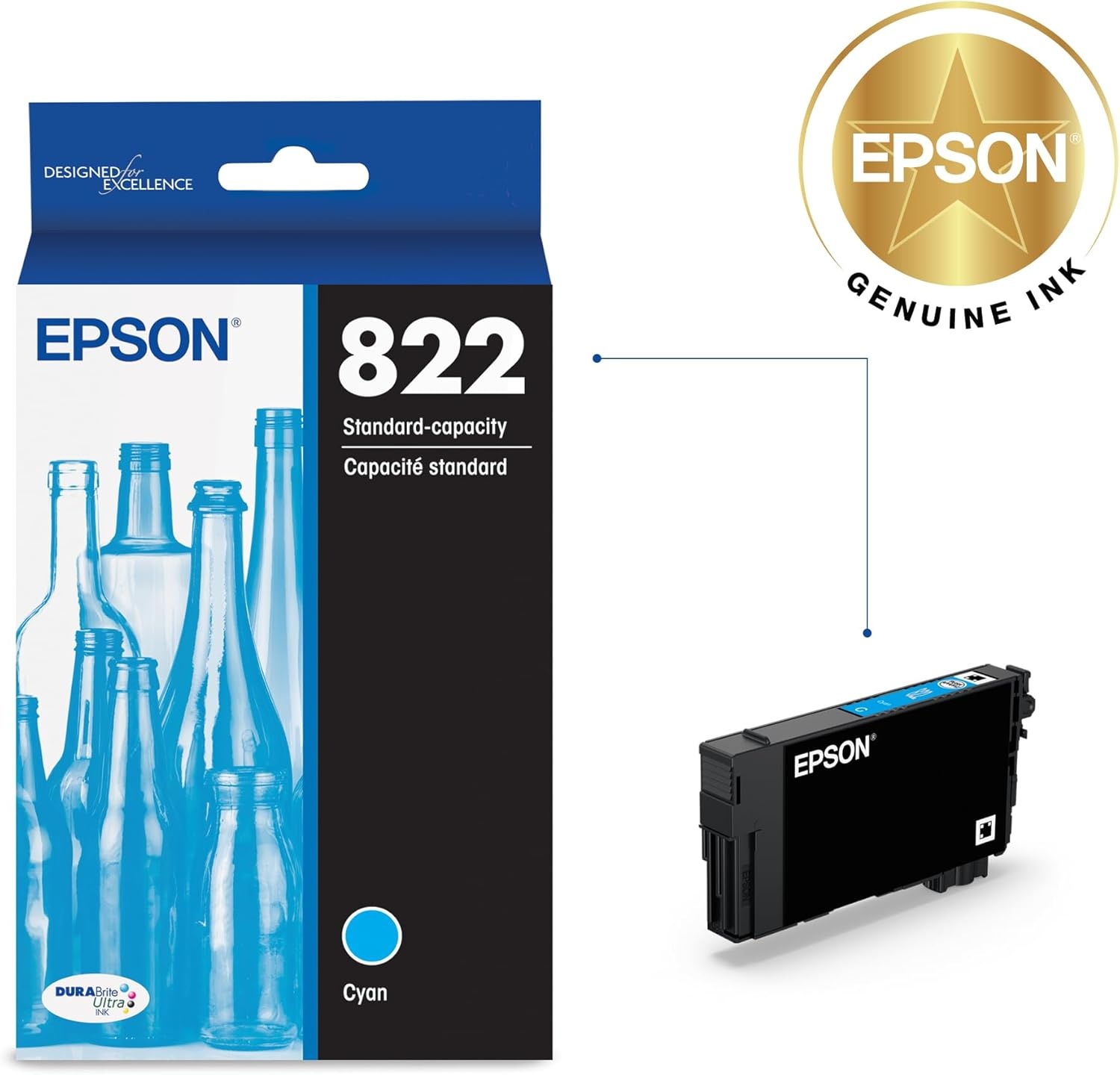 image:imageEPSON 822 DURABrite Ultra Ink Standard Capacity Cyan Cartridge T822220S Works with WorkForce Pro WF38203823 4820 4830 4833 48341 Count Pack of 1