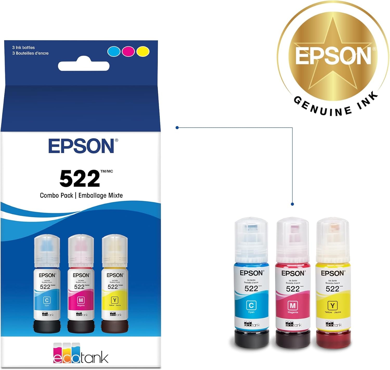 image:imageEPSON 522 EcoTank Ink Ultrahigh Capacity Bottle Color Combo Pack T522520S Works with ET2720 2800 2803 2840 4700 4800 4810Ultrahigh Capacity