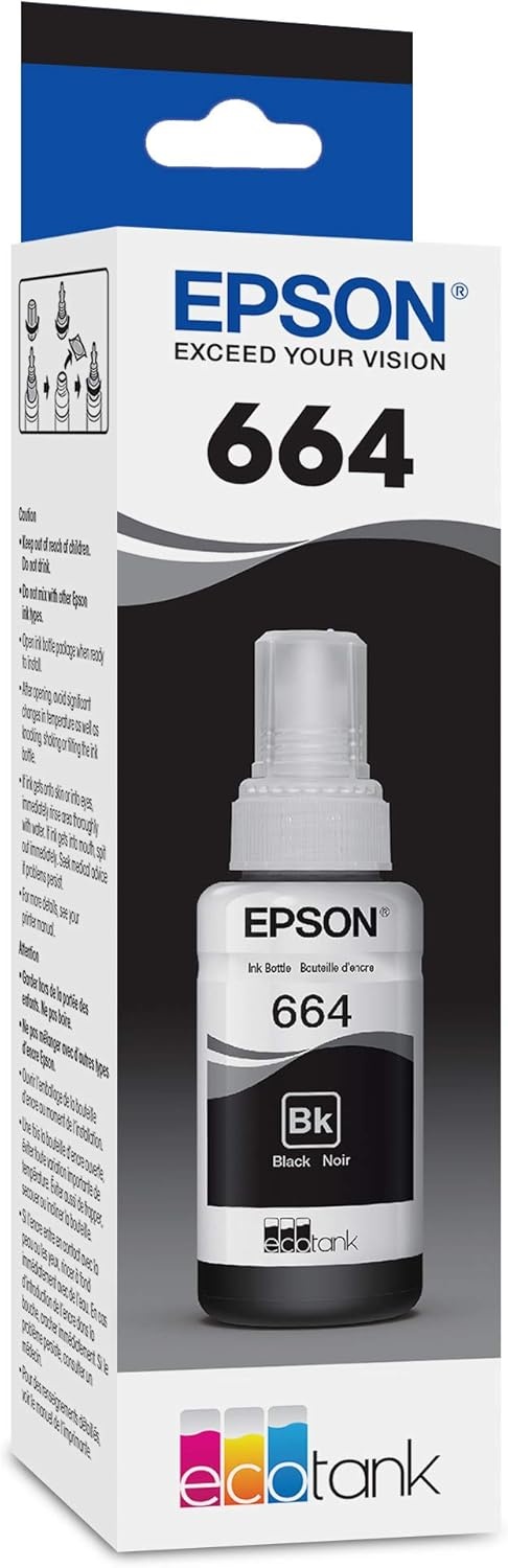 image:imageEPSON 664 EcoTank Ink Ultrahigh Capacity Bottle Black T664120S Works with ET2500 2550 4500 4550 2600 2650 3600 16500Black