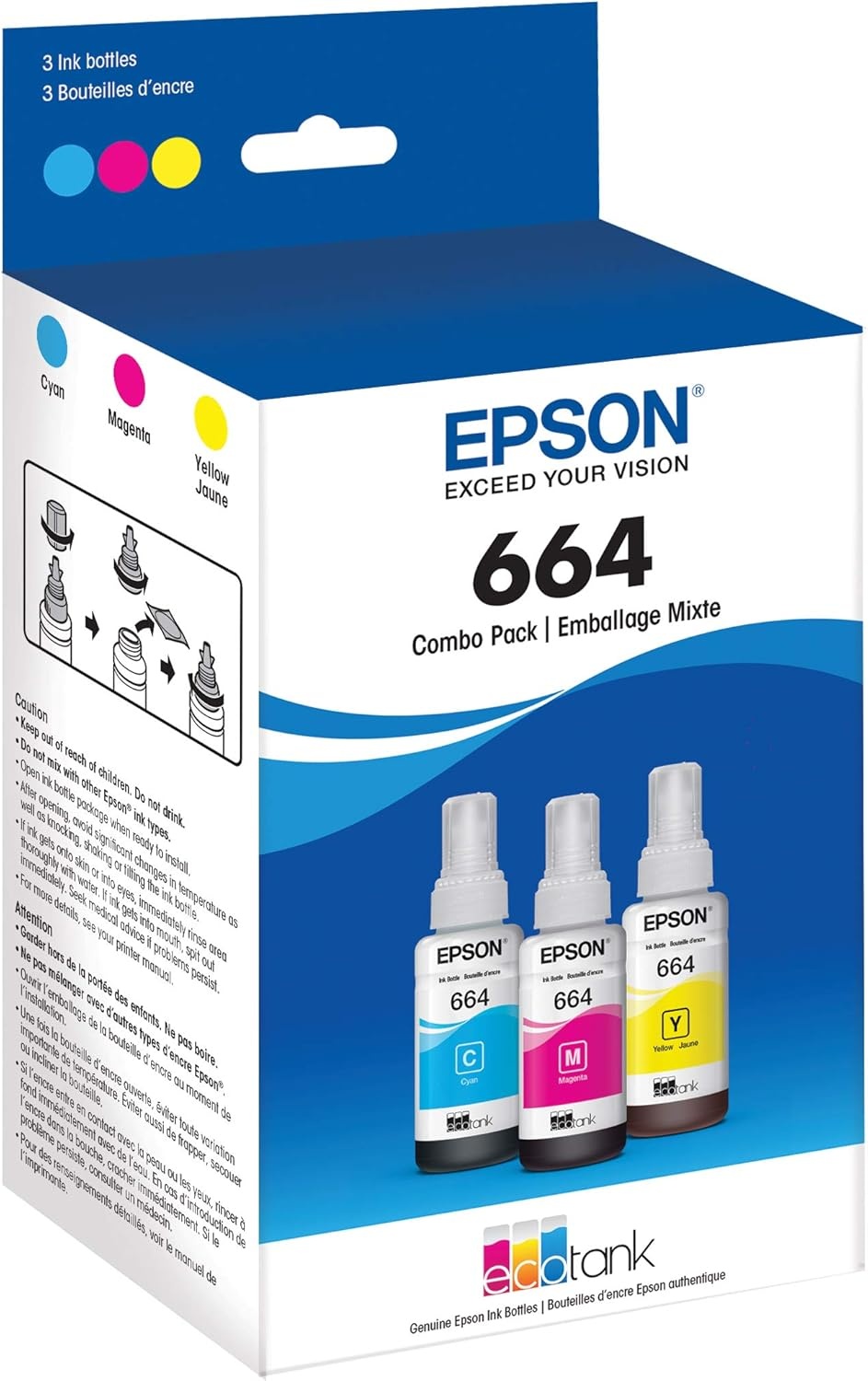 image:imageEPSON 664 EcoTank Ink Ultrahigh Capacity Bottle Three Color CMY Combo Pack T664520S Works with ET2500 2550 4500 4550 2600 2650 3600 16500Ink