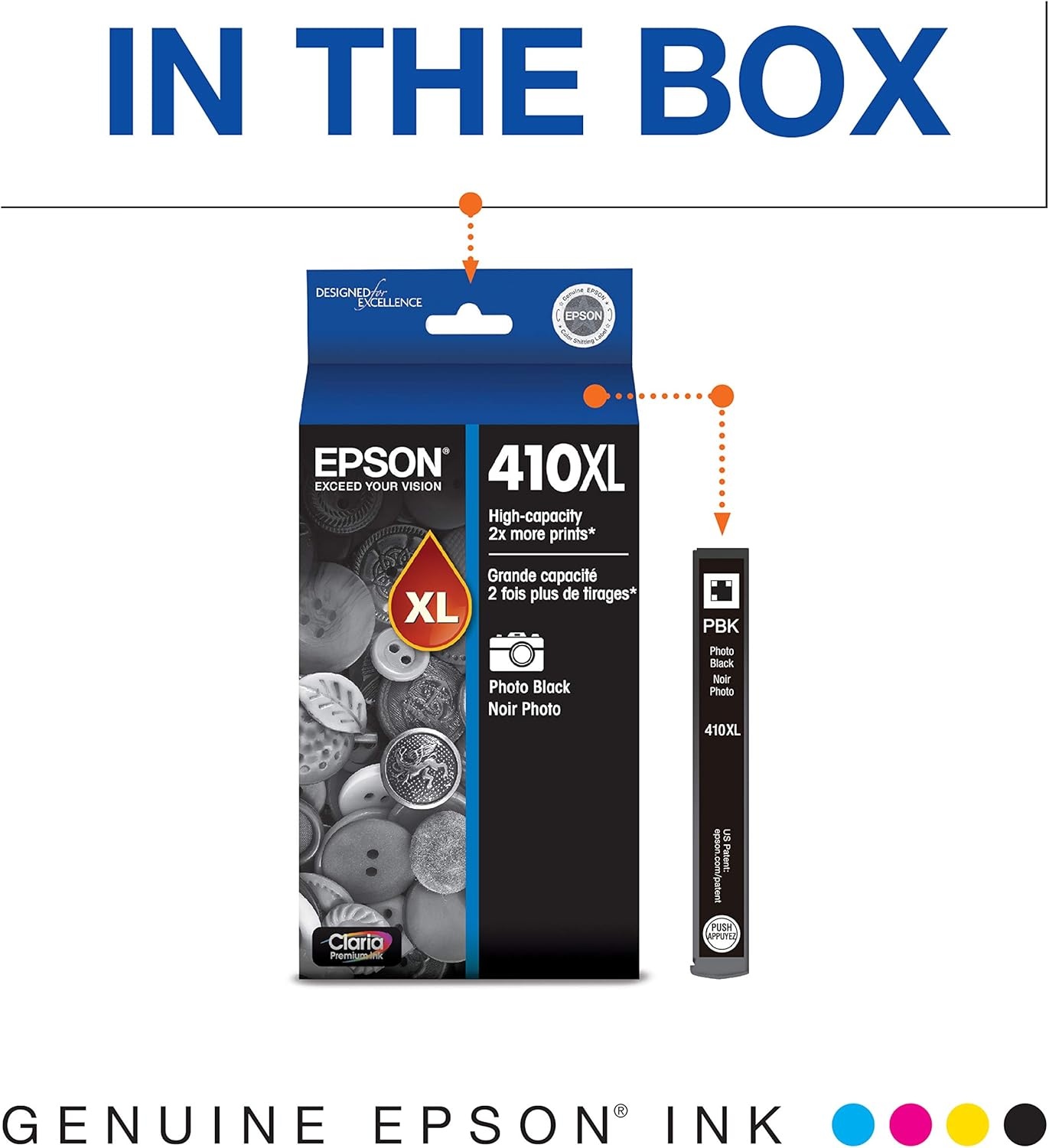 image:imageEpson 410XL Black amp Standard Photo Black and CMY Color Ink Cartridges Combo 5 Pack T410XLBCS amp 410XL Photo Black Ink Cartridge High Capacity T410XL120