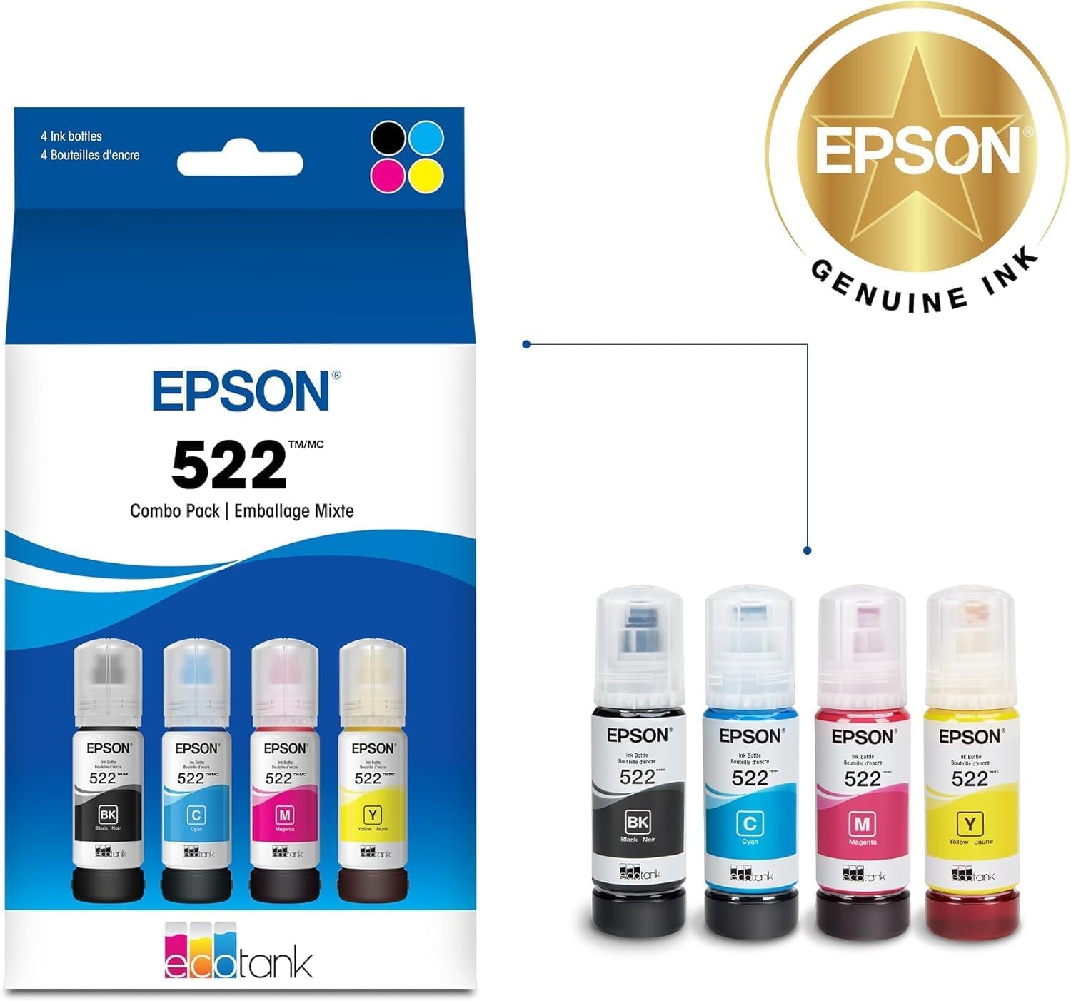 image:imageEpson 522 EcoTank Ink Ultrahigh Capacity Bottle Black amp Color Combo Pack T522120BCS Works with ET2720 2800 2803 2840 4700 4800 4810UltraHigh Capacity
