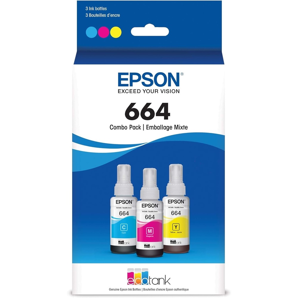 image:imageEPSON 664 EcoTank Ink Ultrahigh Capacity Bottle Three Color CMY Combo Pack T664520S Works with ET2500 2550 4500 4550 2600 2650 3600 16500Ink